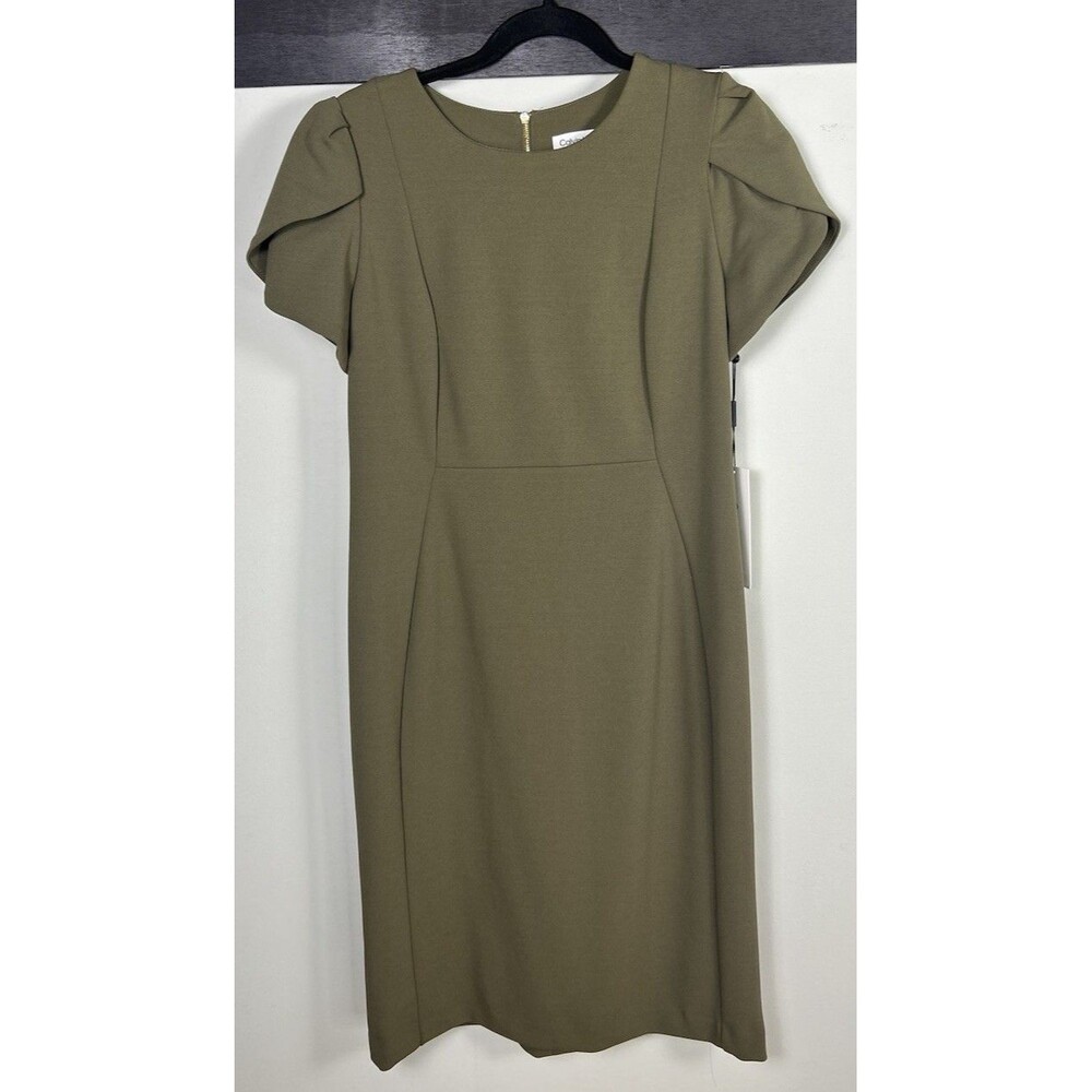 NWT Calvin Klein Women's Olive Green Tulip Sleeve Sheath Dress Size 12